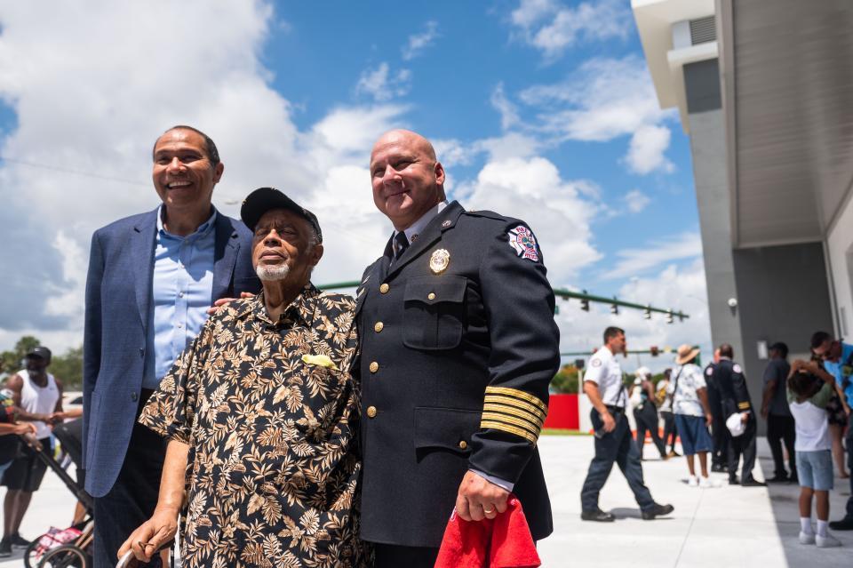 Former Palm Beach County Fire Chief Reginald Duren, left, former Riviera Beach Fire Chief Richard Weston, and current Riviera Beach Fire Chief John Curd, pose for a picture during the grand opening of Station 88.