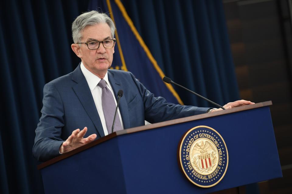 US Federal reserve Chairman Jerome Powell gives a press briefing after the surprise announcement the FED will cut interest rates on March 3, 2020 in Washington,DC. - The US Federal Reserve announced an emergency rate cut Tuesday, responding to the growing economic risk posed by the coronavirus epidemic and giving President Donald Trump the stimulus he has called for. In a unanimous decision, the Fed's policy-setting committee slashed its key interest rate by a half point to a range of 1.0-1.25. (Photo by Eric BARADAT / AFP) (Photo by ERIC BARADAT/AFP via Getty Images)