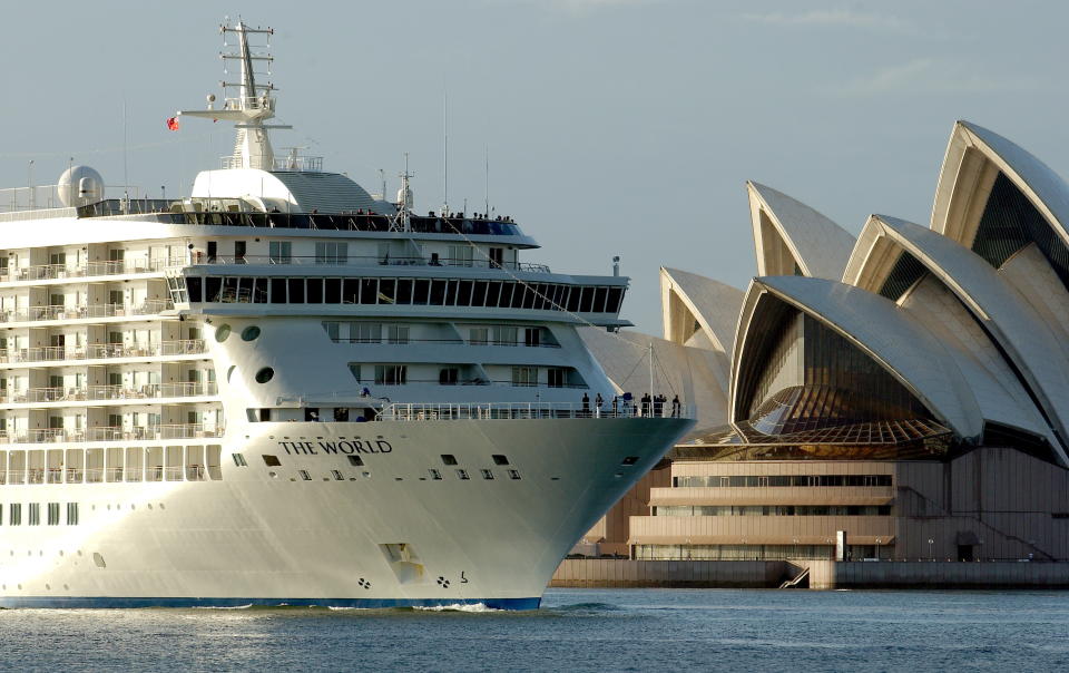 The World cruise ship arrives into Sydney April 12, 2003 