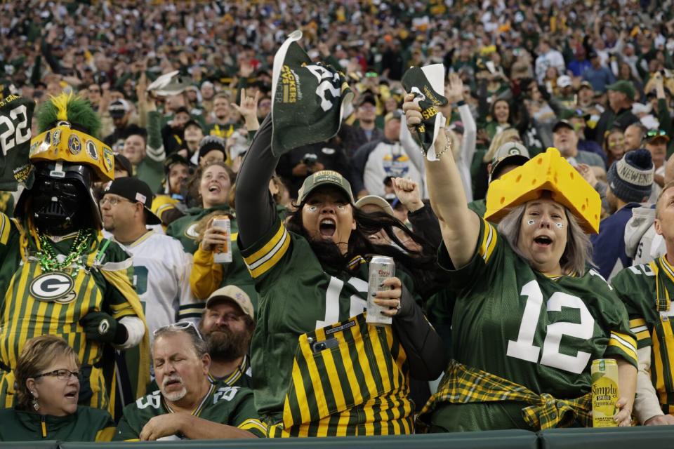 Green Bay Packers fans cheer during a game against the New England Patriots.