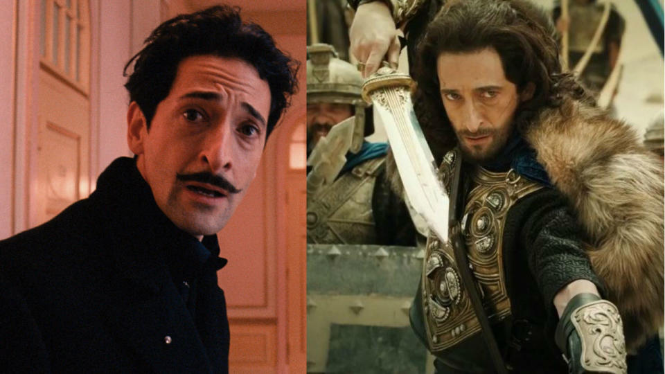 Adrien Brody in The Grand Budapest Hotel (L) and in Dragon Blade