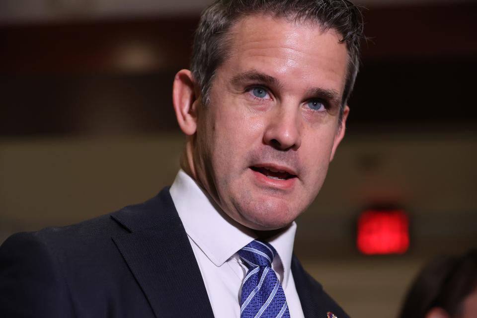 Rep. Adam Kinzinger, R-Ill., talks to reporters following a House Republican Conference meeting in the U.S. Capitol Visitors Center on Wednesday.