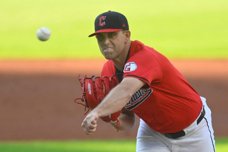 Guardians starting pitcher Matthew Boyd delivers a first-inning pitch against the Chicago Cubs, Aug. 13, 2024, in Cleveland.