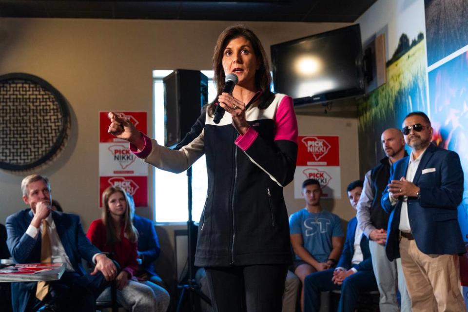 Primary candidate and former South Carolina governor Nikki Haley speaks to supporters at Doc’s Barbeque on Thursday, February, 2024.