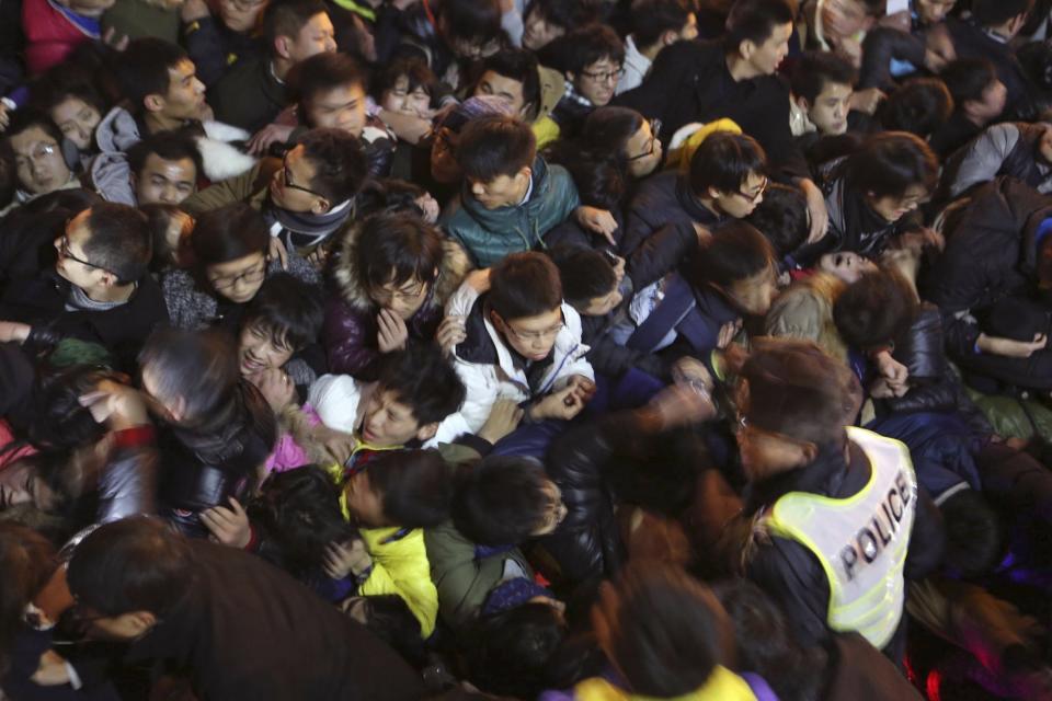 A view of a stampede is seen during the New Year's celebration on the Bund, a waterfront area in central Shanghai