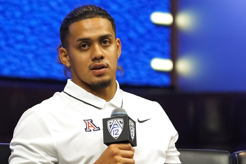 FILE - Arizona quarterback Jayden de Laura speaks at the NCAA college football Pac-12 media day, Friday, July 21, 2023, in Las Vegas. Arizona opens their season at home against Northern Arizona on Sept. 2. (AP Photo/Lucas Peltier, File)