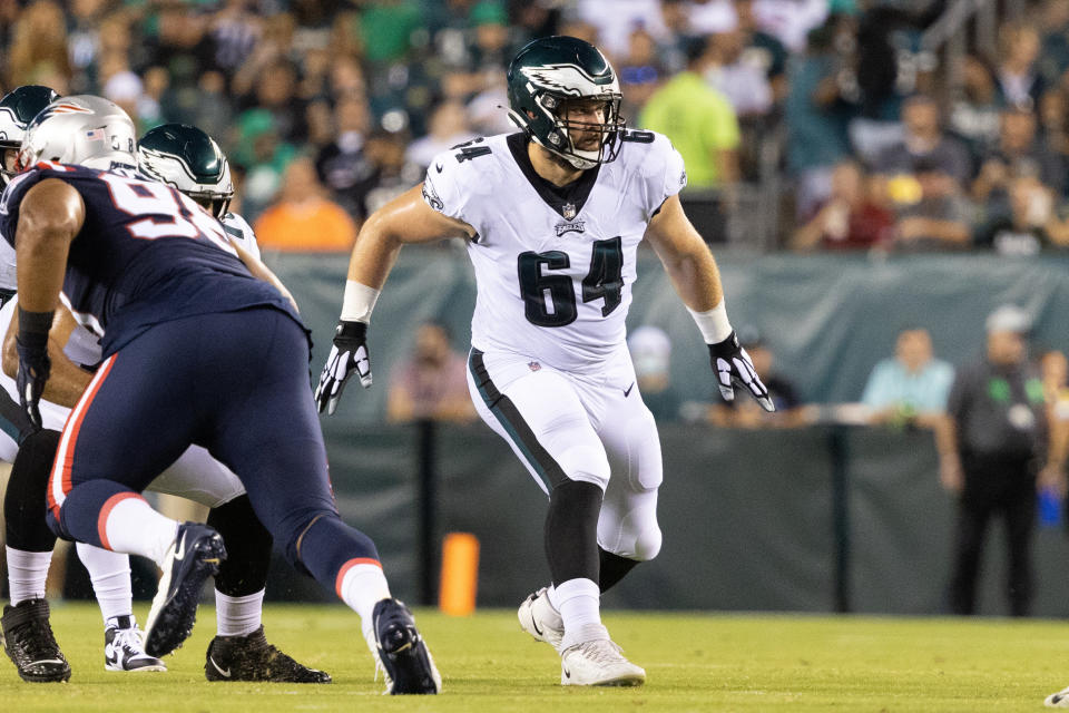 Aug 19, 2021; Philadelphia, Pennsylvania, USA; Philadelphia Eagles offensive tackle Brett Toth (64) against the New England Patriots at Lincoln Financial Field. Mandatory Credit: Bill Streicher-USA TODAY Sports