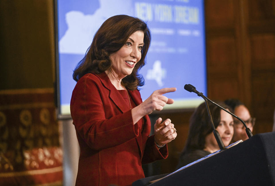 New York Gov. Kathy Hochul presents her executive state budget in the Red Room at the state Capitol Wednesday, Feb. 1, 2023, in Albany, N.Y. (AP Photo/Hans Pennink)