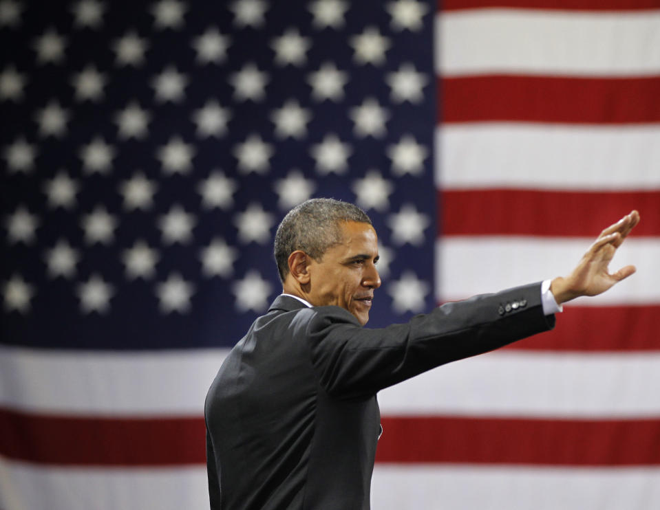 President Barack Obama waves to the crowd after speaking at a fundraiser at Southern Maine Community College, Friday, March, 30, 2012 in Portland, Maine. Obama is traveling to both Maine and Vermont on campaign fundraisers. (AP Photo/Pablo Martinez Monsivais)