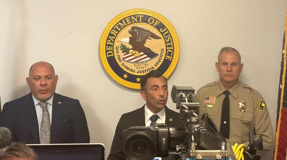 U.S. Attorney Martin Estrada speaks about federal charges filed against a Victorville man accused of attacking a sheriff's deputy in Victorville in 2019, along with ATF Assistant Special Agent in Charge Jose Pedro and San Bernardino County Sheriff Shannon Dicus.