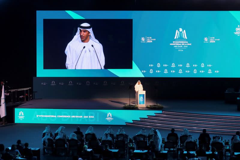 FILE PHOTO: UAE Minister of Foreign Trade Thani bin Ahmed Al Zeyoudi speaks during the opening ceremony of the WTO ministerial meeting in Abu Dhabi