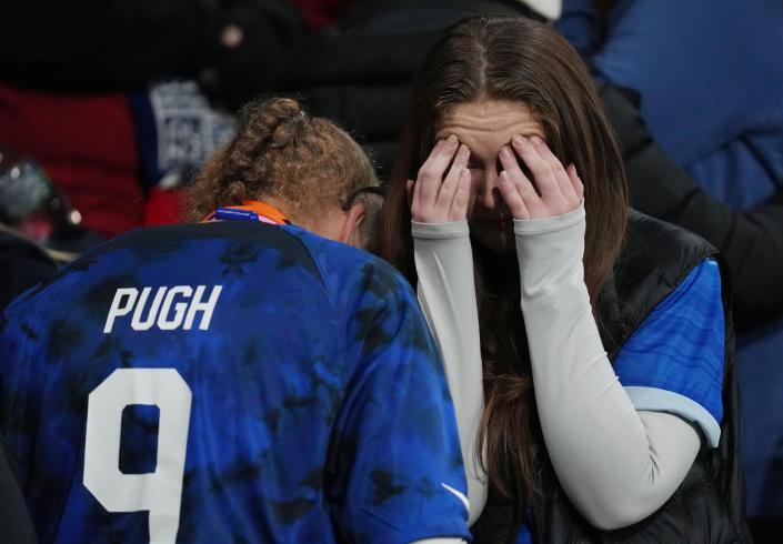 Fans of the United States react as the Round of 16 match during the 2023 FIFA Women's World Cup against Sweden heads to penalty kicks at Melbourne Rectangular Stadium.