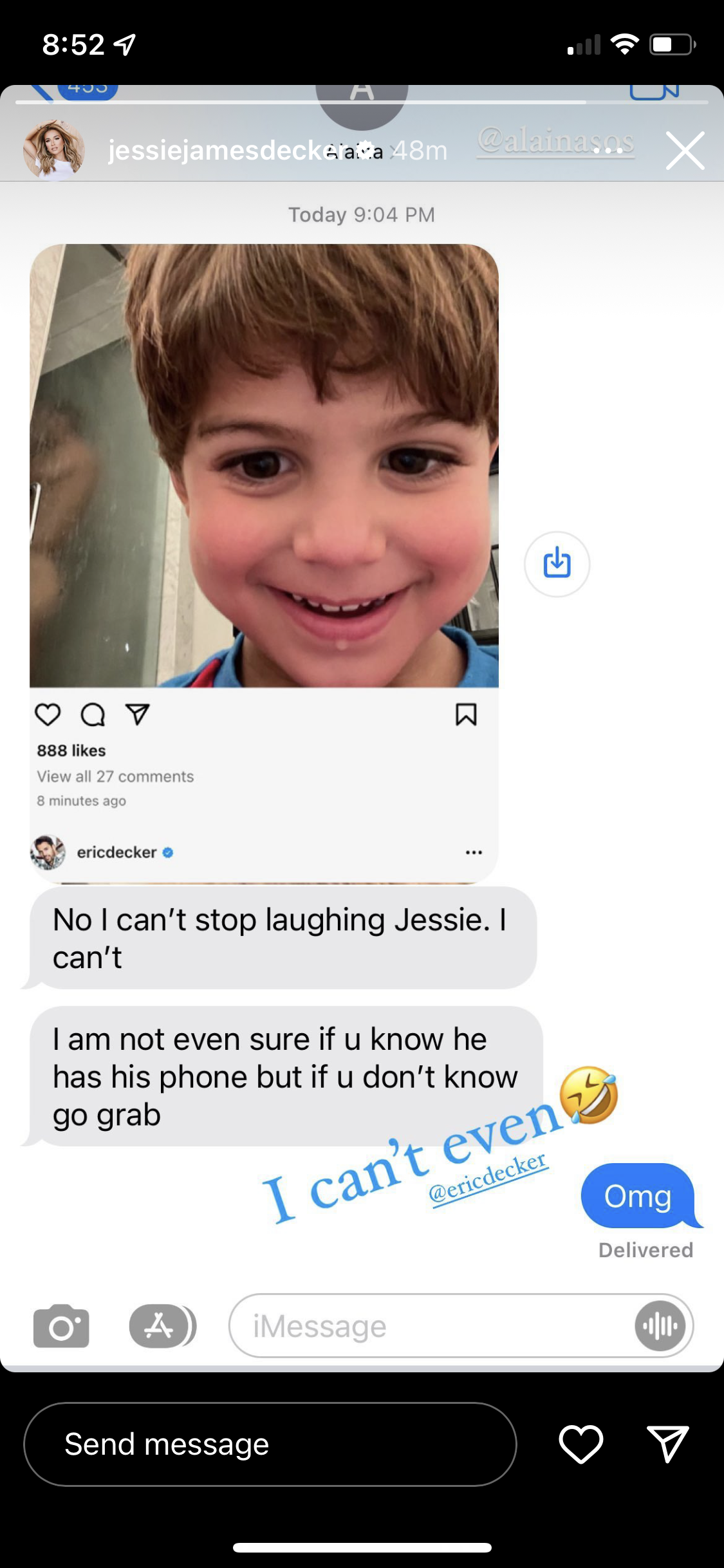 Jessie James Decker's 4-year-old son, Forrest, was up to no good when he accidentally snapped a photo of his dad, Eric Decker, taking a shower and posting it on Instagram. (Credit: Jessie James Decker / Instagram) 