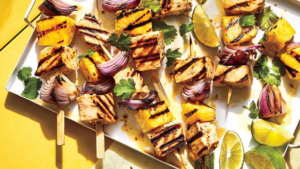 Pineapple, Swordfish, and Red Onion Kebabs