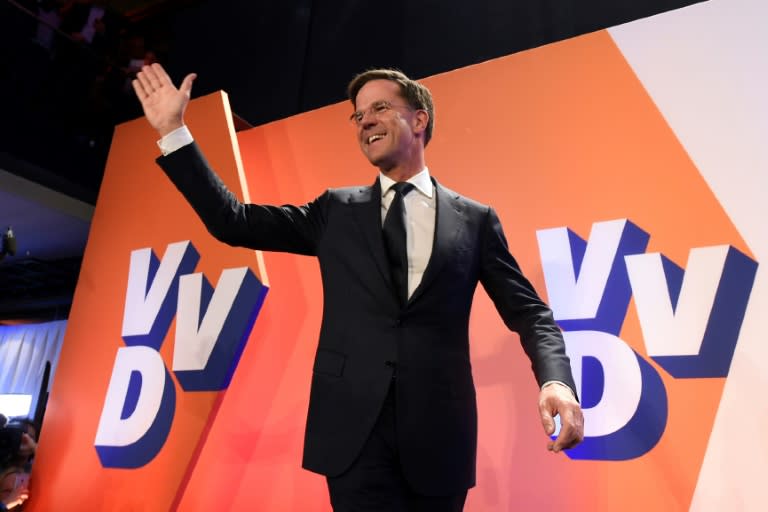 Netherlands' prime minister and VVD party leader Mark Rutte celebrates after winning the general elections in The Hague on March 15, 2017