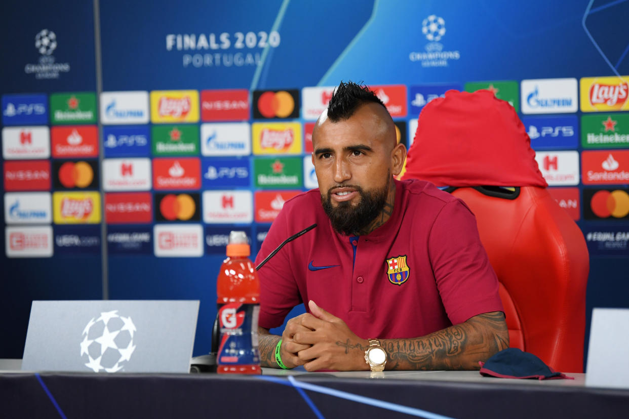 LISBON, PORTUGAL - AUGUST 13: In this handout image provided by UEFA, Arturo Vidal of Barcelona speaks to the media during a press conference ahead of their UEFA Champions League quarter-final match against Bayern Munich at Estadio do Sport Lisboa e Benfica on August 13, 2020 in Lisbon, Portugal. (Photo by UEFA - Handout/UEFA via Getty Images)