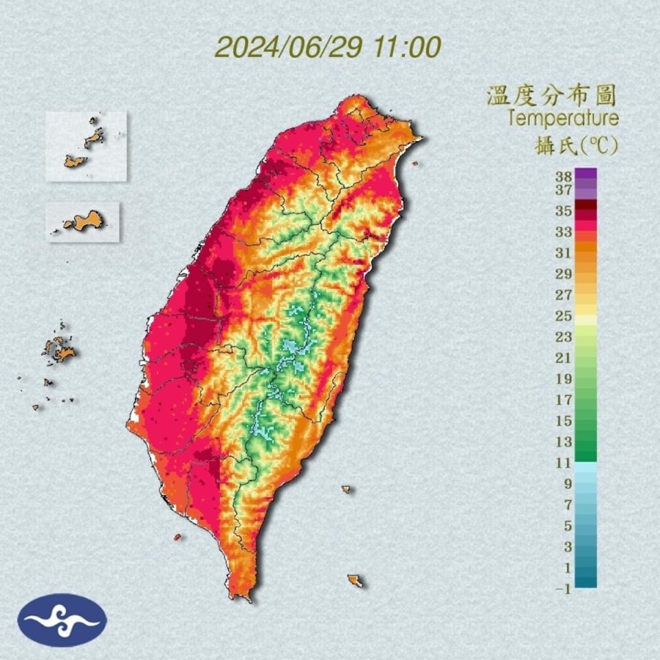 西南風沉降影響，各地天氣高溫炎熱。   圖：翻攝自中央氣象署官網