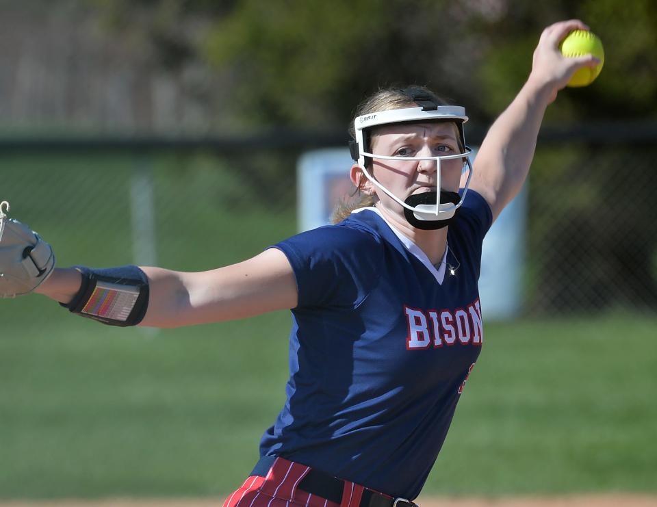 Fort LeBoeuf High School senior Kendall Stull pitches against Harbor Creek in Harborcreek Township on April 13, 2023.