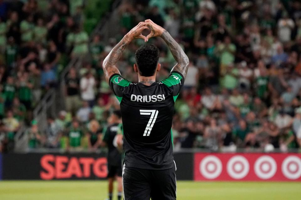 Austin FC midfielder Sebastián Driussi celebrates after scoring his league-leading 19th goal in the team's 4-1 win over Los Angeles FC on Friday at Q2 Stadium.
