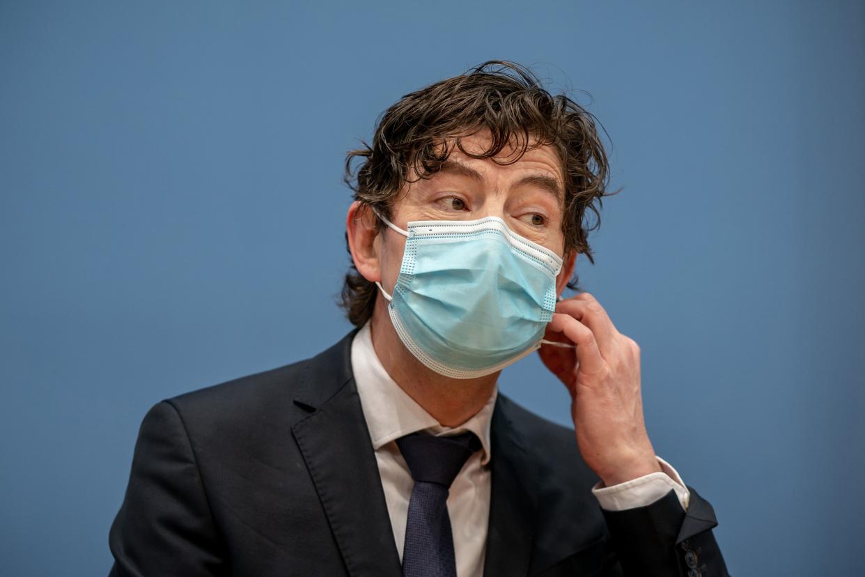 German virologist and Director of the Institute for Virology at Berlin's Charite University Hospital Christian Drosten wearing a face mask speaks during a news conference in Berlin, Germany, on January 22, 2021, amid the novel coronavirus (Covid-19) pandemic. (Photo by Michael Kappeler / POOL / AFP) (Photo by MICHAEL KAPPELER/POOL/AFP via Getty Images)