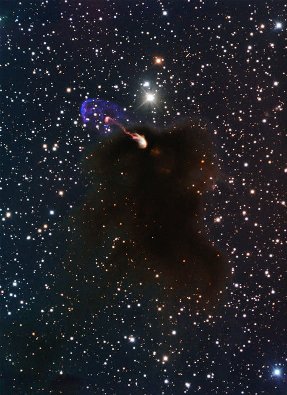 This image from ESO's New Technology Telescope at the La Silla Observatory in Chile shows the Herbig-Haro object HH 46/47 as jets emerging from a star-forming dark cloud. This object was the target of a study using ALMA during the Early Science