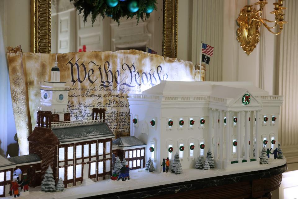 Gingerbread White House is on display in the State Dining Room of the White House during a press preview of the holiday décor on November 28, 2022 in Washington, D.C.