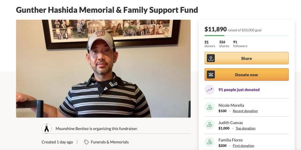 A screenshot of the GoFundMe page for DC Police Officer Gunther Hashida, who died by suicide