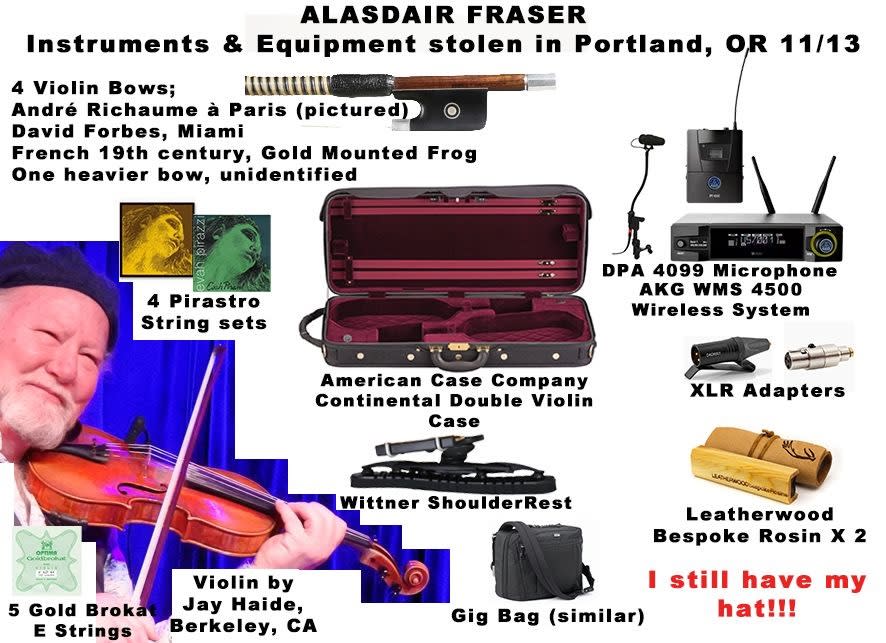 These instruments were stolen from Alasdair Fraser in Portland, November 13, 2023 (Courtesy)