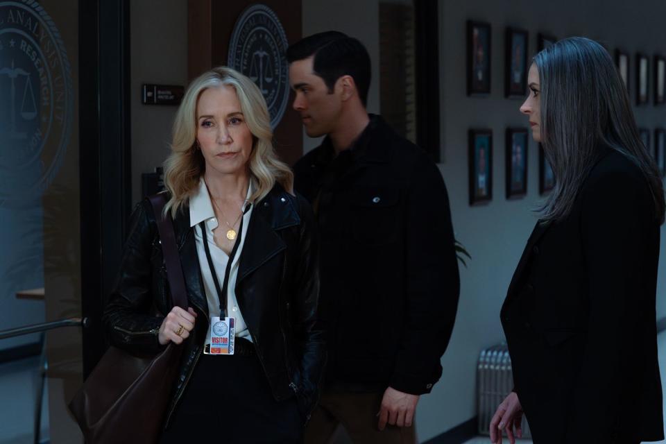 <p>Michael Yarish /Paramount+</p> Felicity Huffman as Dr. Jill Gideon, Ryan-James Hatanaka as Tyler Green and Paget Brewster as Emily Prentiss in 