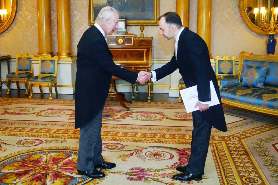 <p>Victoria Jones / POOL / AFP via Getty</p> King Charles greets the Ambassador of Moldova at Buckingham Palace on March 28, 2024