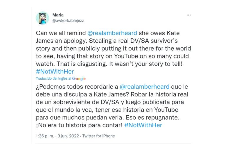 Mensajes a favor de Kate James tras el veredicto que encontró culpable a Amber Heard (Foto: Captura de Twitter)