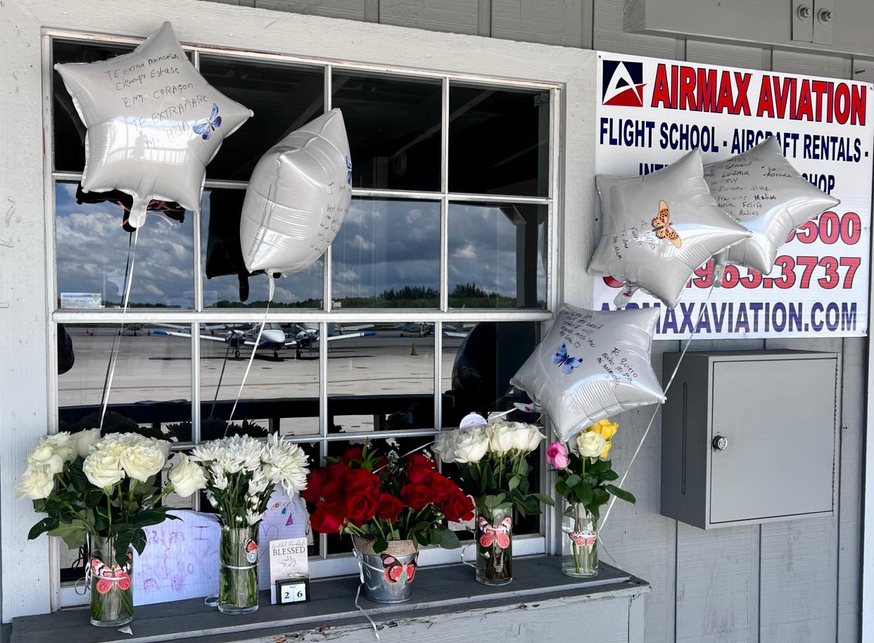 A memorial for Ana Diego Matias, 20, of Lantana, outside the Palm Beach County Park Airport flight school where she was training to be a pilot. Matias and 76-year-old Stanley Sands were killed in a plane crash May 26, 2023.