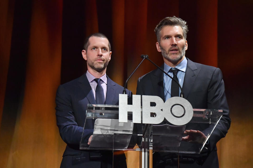 NEW YORK, NY - APRIL 03:  Executive Creators and Producers of "Game of Thrones", D.B Weiss and David Benioff speak onstage during the "Game Of Thrones" Season 8 NY Premiere on April 3, 2019 in New York City.  (Photo by Jeff Kravitz/FilmMagic for HBO)