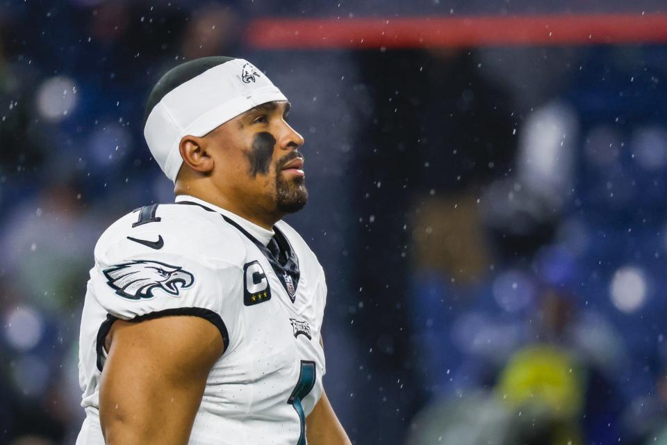 Dec 18, 2023; Seattle, Washington, USA; Philadelphia Eagles quarterback Jalen Hurts (1) participates in pregame warmups against the Seattle Seahawks at Lumen Field. Mandatory Credit: Joe Nicholson-USA TODAY Sports