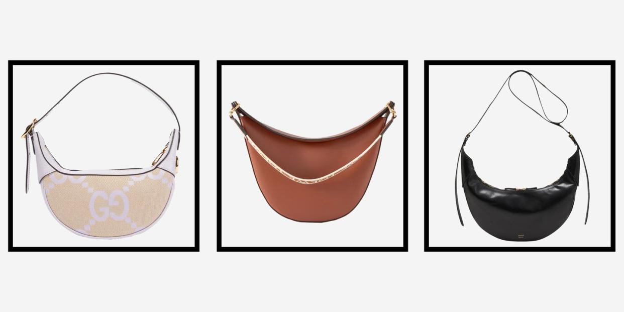 a collage of crescent bags by gucci loewe and khaite to illustrate a guide to the best crescent bags