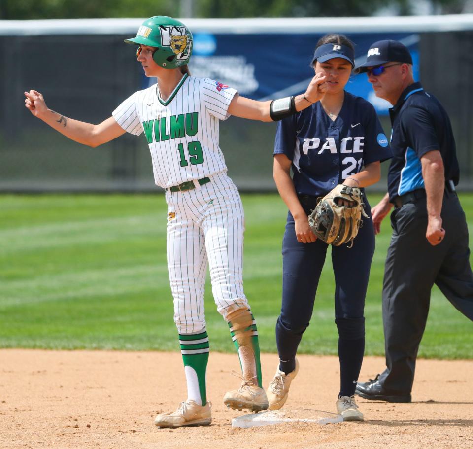Wilmington's Taylor Gillis reacts after reaching second on a sac bunt in the Wildcats' 2-1 win in their opening game of the NCAA Division II regional tournament at Wilmington University Thursday, May 11, 2023. The Wildcats meet Georgian Court in the winners bracket Friday at 10a.m. at Asbury Field.