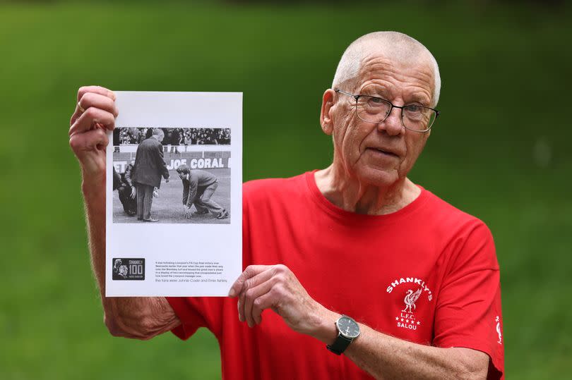 Ernie Ashley with a picture taken of him running on to the pitch to meet Bill Shankly after the 1974 FA Cup Final