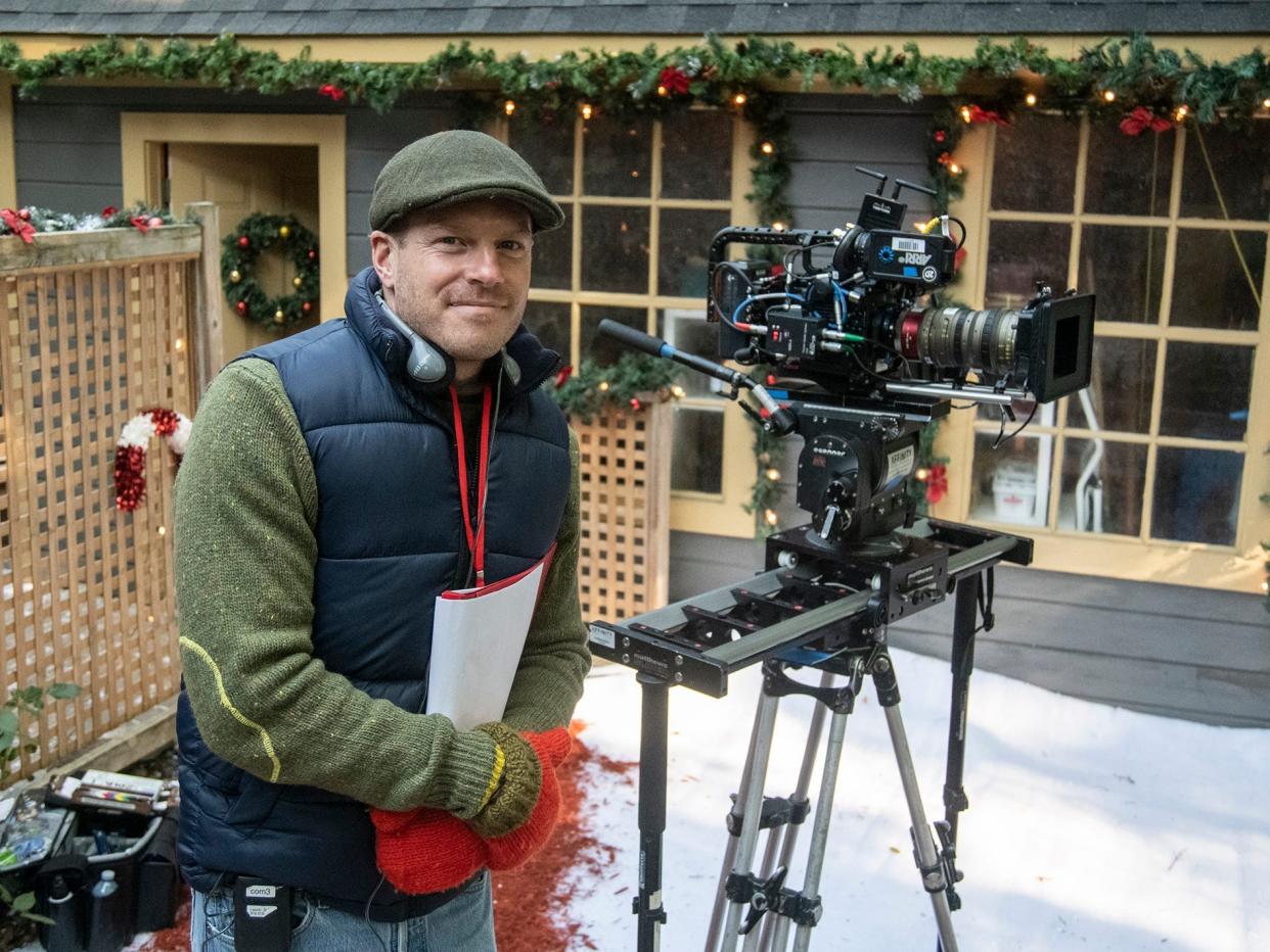 Director Pat Mills on set of one of his Christmas films