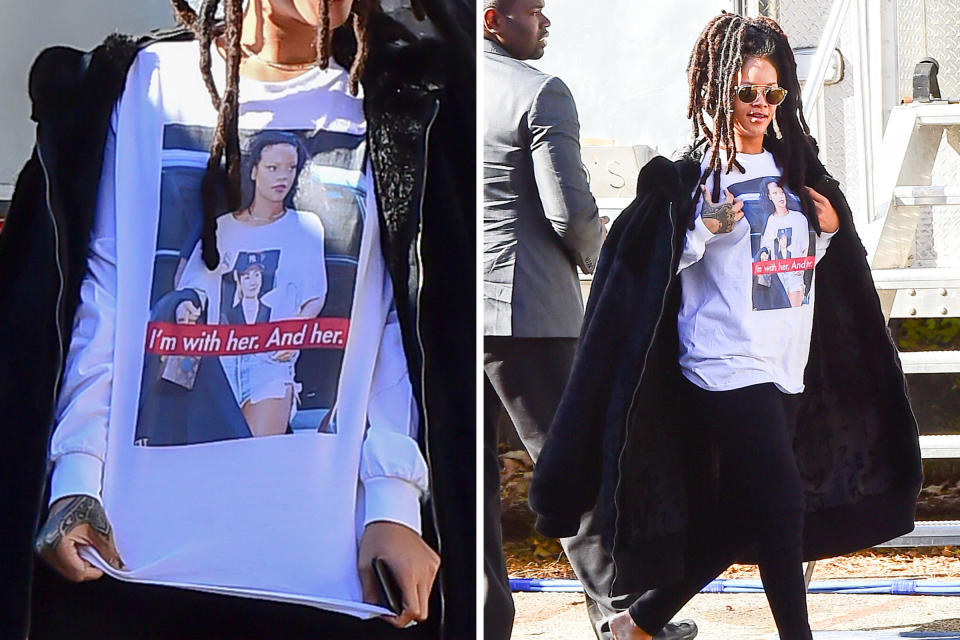 Rihanna arrived on "Ocean Eight" set in Brooklyn wearing a Hillary Clinton T-shirt on Nov. 8, 2016<span class="copyright">Raymond Hall—GC Images/Getty Images (2)</span>