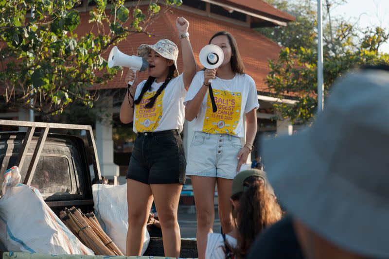 Youth environmentalists Isabel and Melati Wijsen speak during Bali's Biggest Clean-Up 2020 in Petitenget Beach