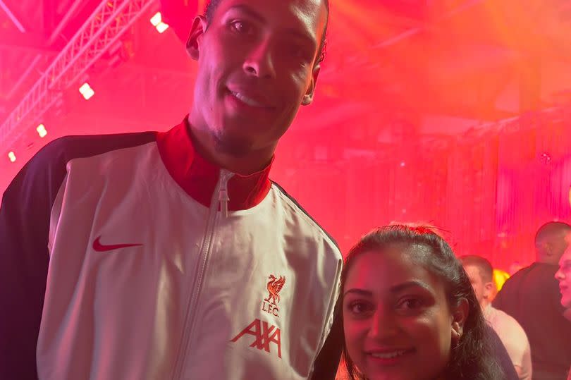 Virgil van Dijk alongside Roopa Vyas at Jurgen Klopp's leaving party