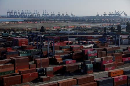 FILE PHOTO: Shipping containers are pictured at Yusen Terminals at thew Port of Los Angeles