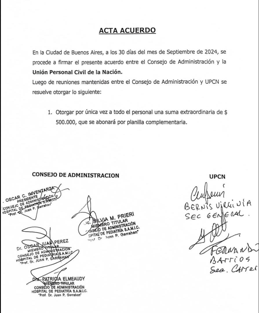 Copia del acta acuerdo firmada con UPCN el 30 de septiembre; a los dos días, el nuevo ministro de Salud echó al Consejo de Administración, pero refrendó la decisión