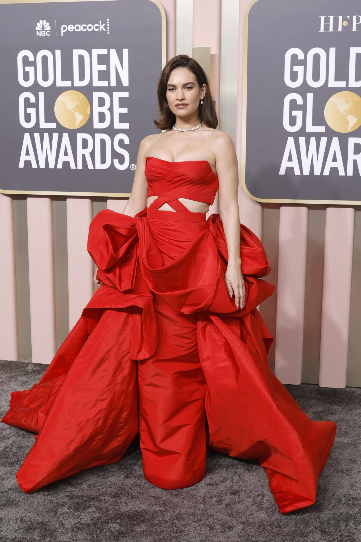 Lily James at the 2023 Golden Globes. (Getty)