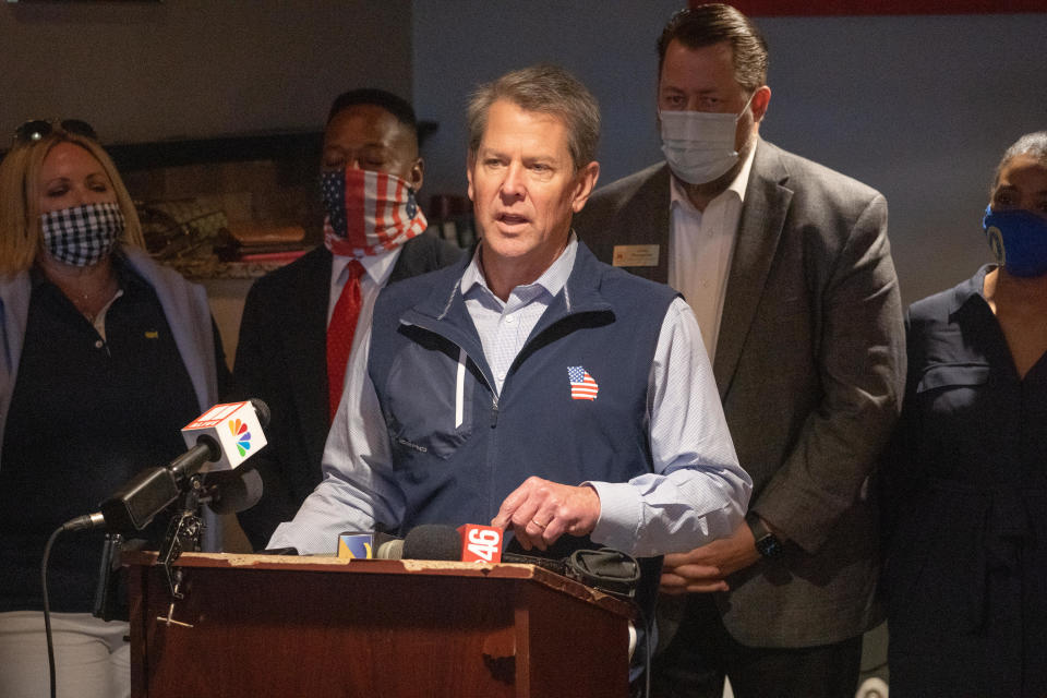 Georgia Gov. Brian Kemp speaks at a news conference about the state's new Election Integrity Law that passed this week at AJ's Famous Seafood and Poboys on April 10, 2021 in Marietta, Georgia.   / Credit: Megan Varner / Getty Images