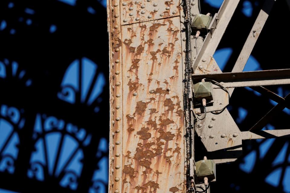 Rust is seen on the Eiffel tower, as reports emerge that the monument is an ‘emergency’ situation (REUTERS)