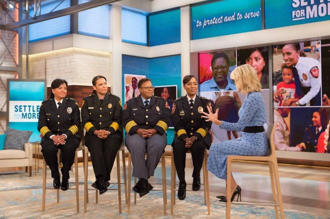 Megyn Kelly, right, talks to North Carolina police chiefs on “Megyn Kelly Today” Tuesday, September 26, 2017. Kelly brought four of the six African-American women police chiefs in North Carolina on her nationally televised show. From left, Fayetteville Police Chief Gina Hawkins, Morrisville Police Chief Patrice Andrews, Raleigh Police Chief Cassandra Deck-Brown and Durham Police Chief C.J. Davis.