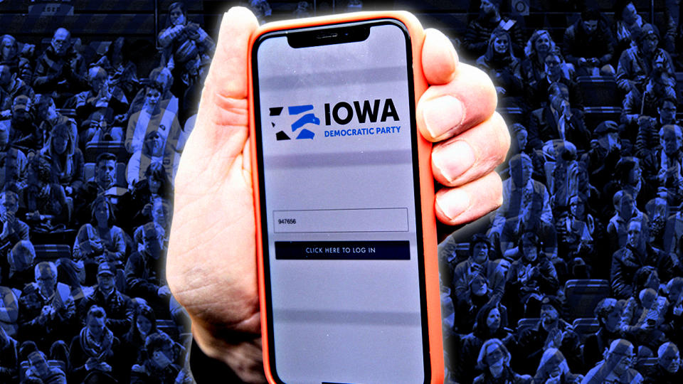 The Iowa Democratic Party caucus app is displayed on an iPhone. (Photo illustration: Yahoo News; photos: Daniel Acker/Bloomberg via Getty Images, Gene J. Puskar/AP, Getty Images)