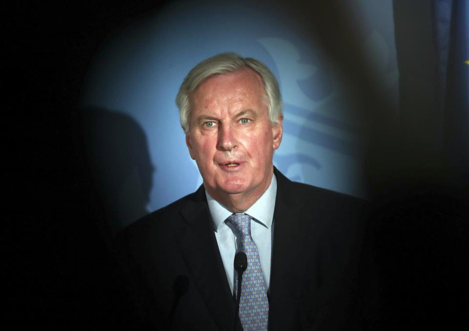 European Commission's Head of Task Force for Relations with the United Kingdom Michel Barnier talks to journalists during a joint news conference with Luxembourg's Prime Minister Xavier Bettel following their meeting in Luxembourg, Monday, Feb. 10, 2020. Earlier on Monday Barnier met Scotland's First Minister Nicola Sturgeon in Brussels. (AP Photo/Francisco Seco)