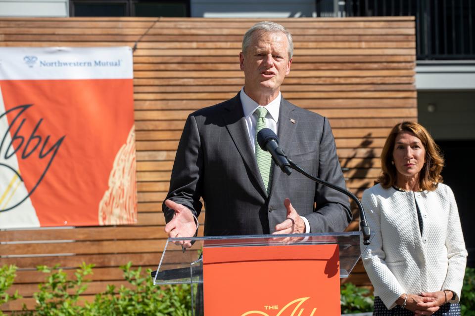 Gov. Charlie Baker, left, and Lt. Gov. Karyn Polito at a ribbon-cutting ceremony in Quincy. The pair announced neither would run for governor in 2022.